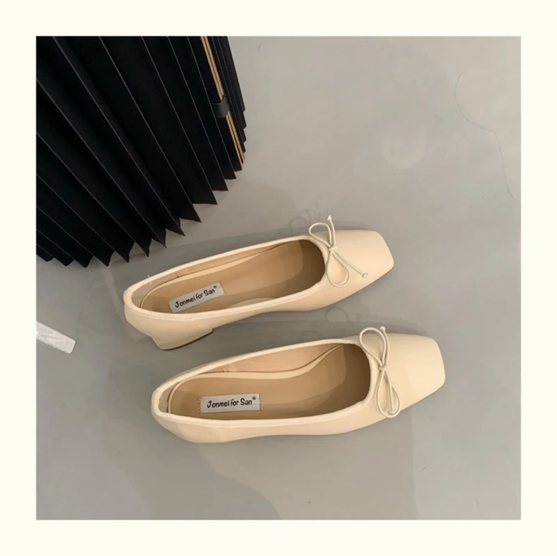 French Square Toe Bow Flats Shoes 2023 New Autumn Shallow Fairy All-match Gentle Office Dress Low Heels Pumps Female Ballerina