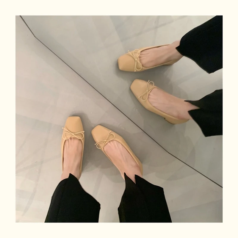 French Square Toe Bow Flats Shoes 2023 New Autumn Shallow Fairy All-match Gentle Office Dress Low Heels Pumps Female Ballerina