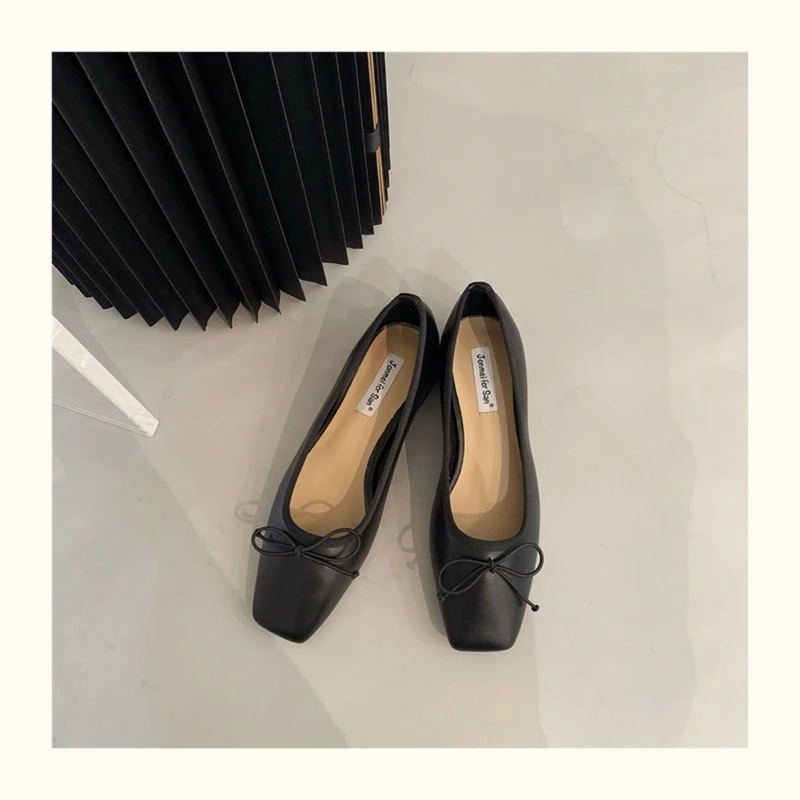 French Square Toe Bow Flats Shoes 2023 New Autumn Shallow Fairy All-match Gentle Office Dress Low Heels Pumps Female Ballerina