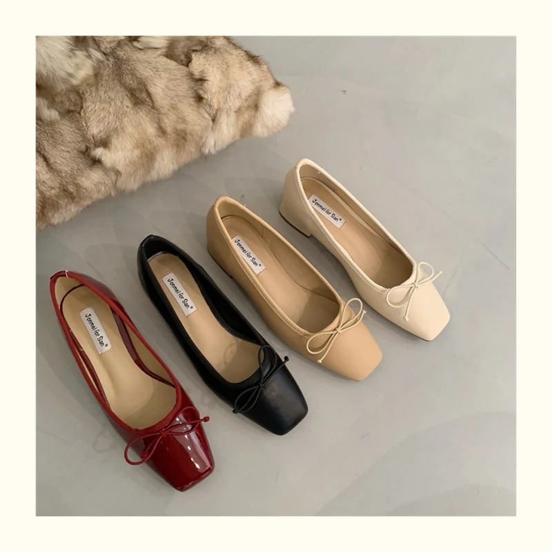 French Square Toe Bow Flats Shoes 2023 New Autumn Shallow Fairy All-match Gentle Office Dress Low Heels Pumps Female Ballerina