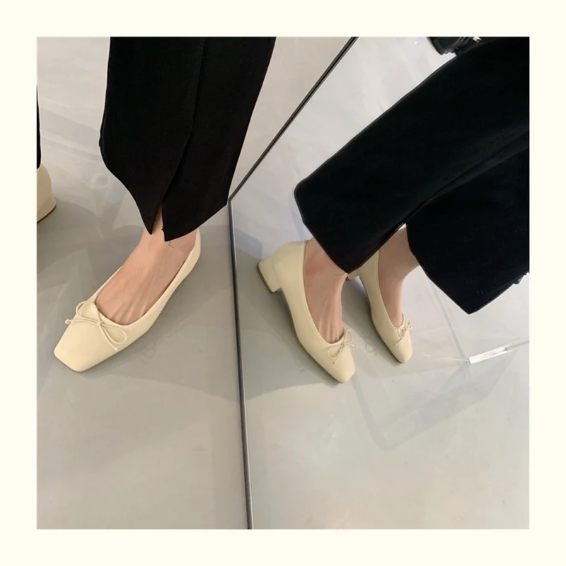 French Square Toe Bow Flats Shoes 2023 New Autumn Shallow Fairy All-match Gentle Office Dress Low Heels Pumps Female Ballerina