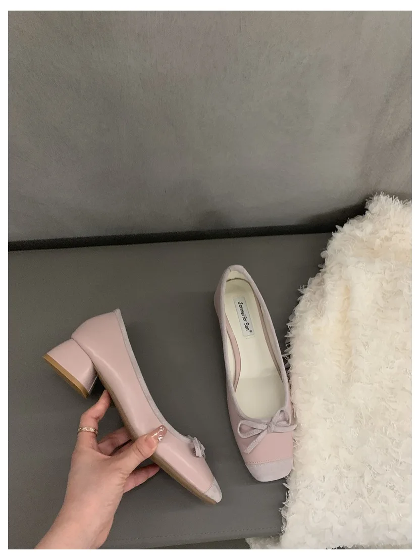 French Square Toe Bow Flats Shoes 2023 New Autumn Shallow Fairy All-match Gentle Office Dress Low Heels Pumps Female Ballerina