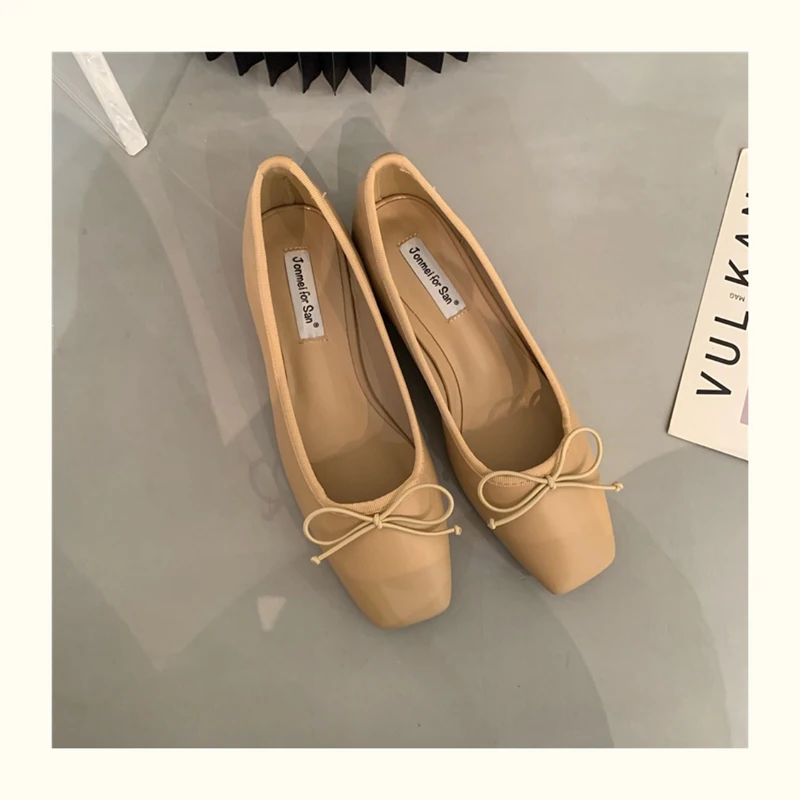 French Square Toe Bow Flats Shoes 2023 New Autumn Shallow Fairy All-match Gentle Office Dress Low Heels Pumps Female Ballerina
