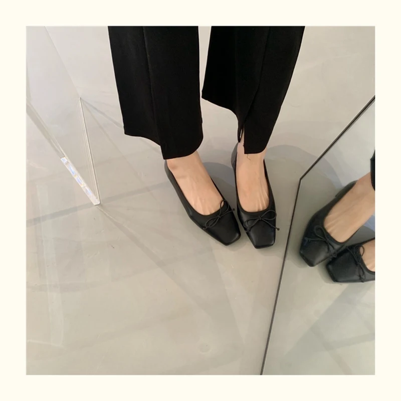 French Square Toe Bow Flats Shoes 2023 New Autumn Shallow Fairy All-match Gentle Office Dress Low Heels Pumps Female Ballerina