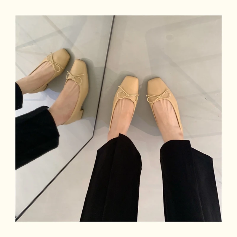 French Square Toe Bow Flats Shoes 2023 New Autumn Shallow Fairy All-match Gentle Office Dress Low Heels Pumps Female Ballerina