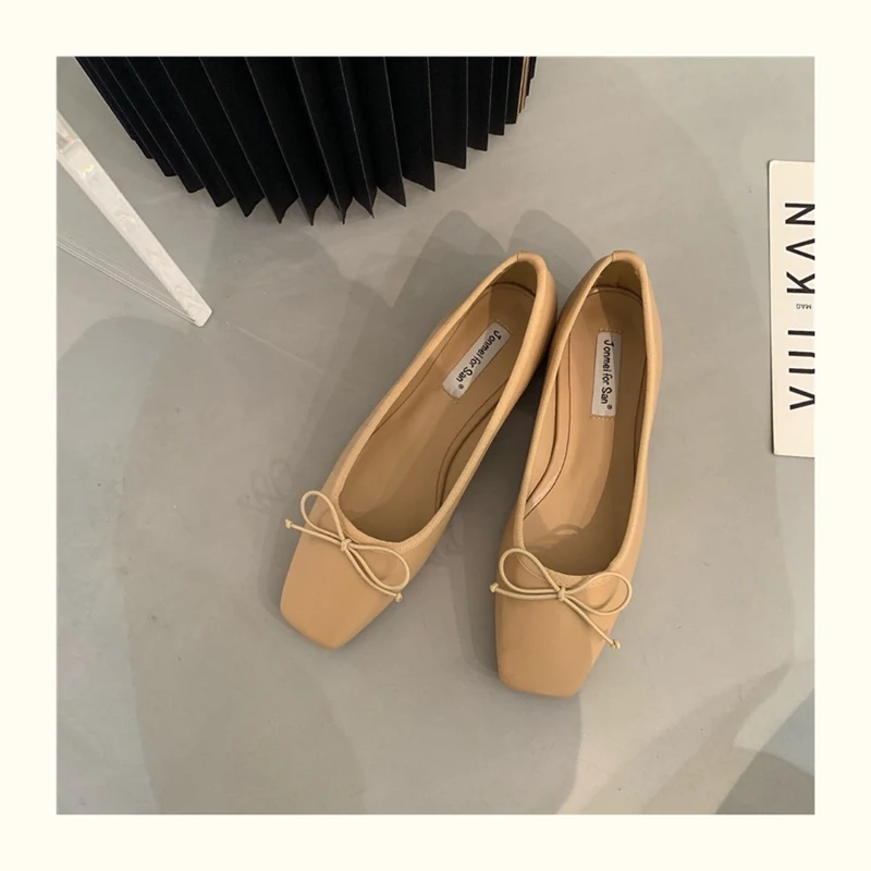 French Square Toe Bow Flats Shoes 2023 New Autumn Shallow Fairy All-match Gentle Office Dress Low Heels Pumps Female Ballerina