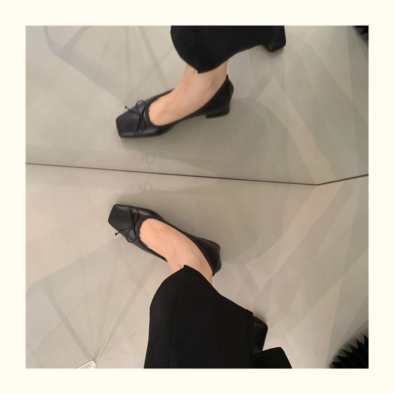 French Square Toe Bow Flats Shoes 2023 New Autumn Shallow Fairy All-match Gentle Office Dress Low Heels Pumps Female Ballerina