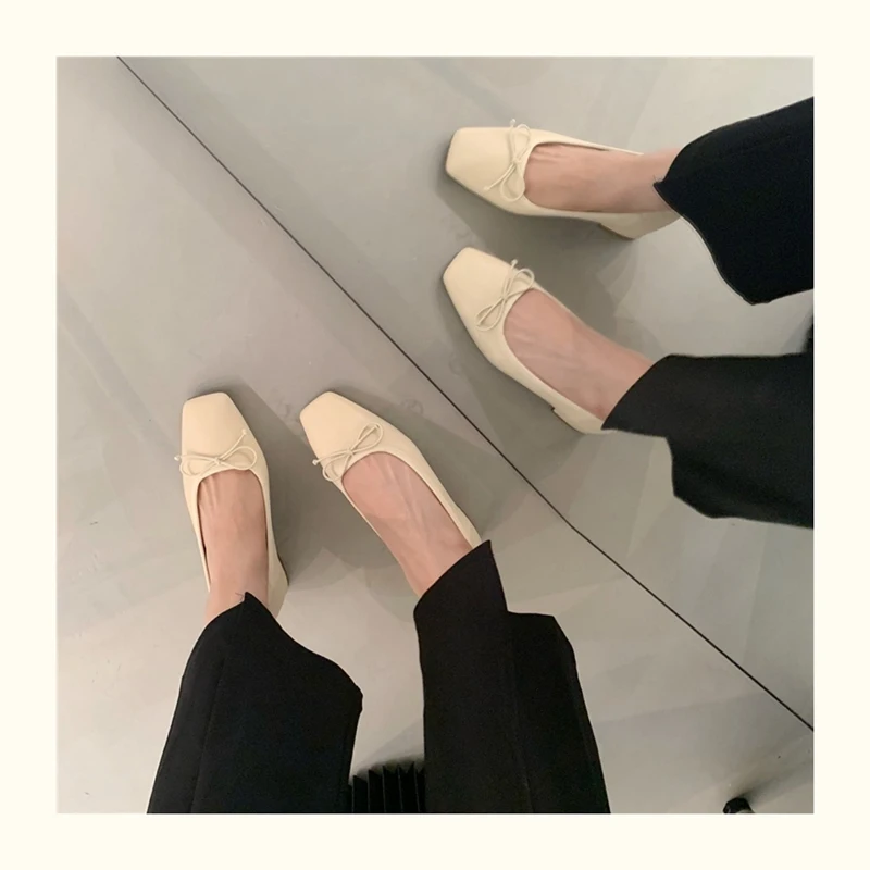 French Square Toe Bow Flats Shoes 2023 New Autumn Shallow Fairy All-match Gentle Office Dress Low Heels Pumps Female Ballerina