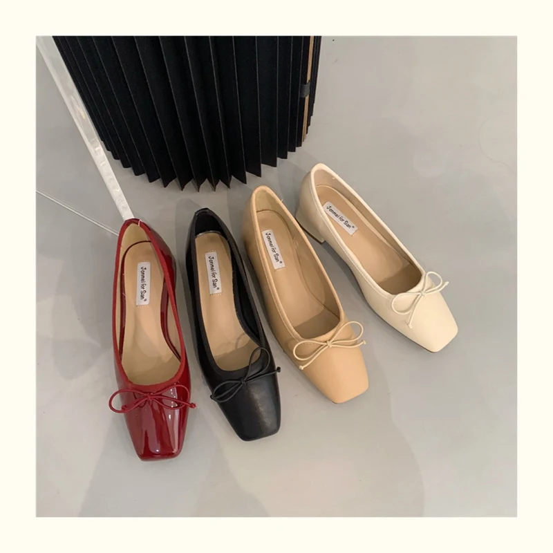 French Square Toe Bow Flats Shoes 2023 New Autumn Shallow Fairy All-match Gentle Office Dress Low Heels Pumps Female Ballerina