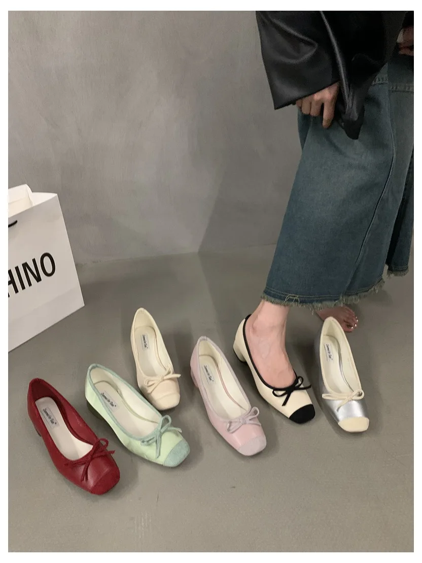 French Square Toe Bow Flats Shoes 2023 New Autumn Shallow Fairy All-match Gentle Office Dress Low Heels Pumps Female Ballerina