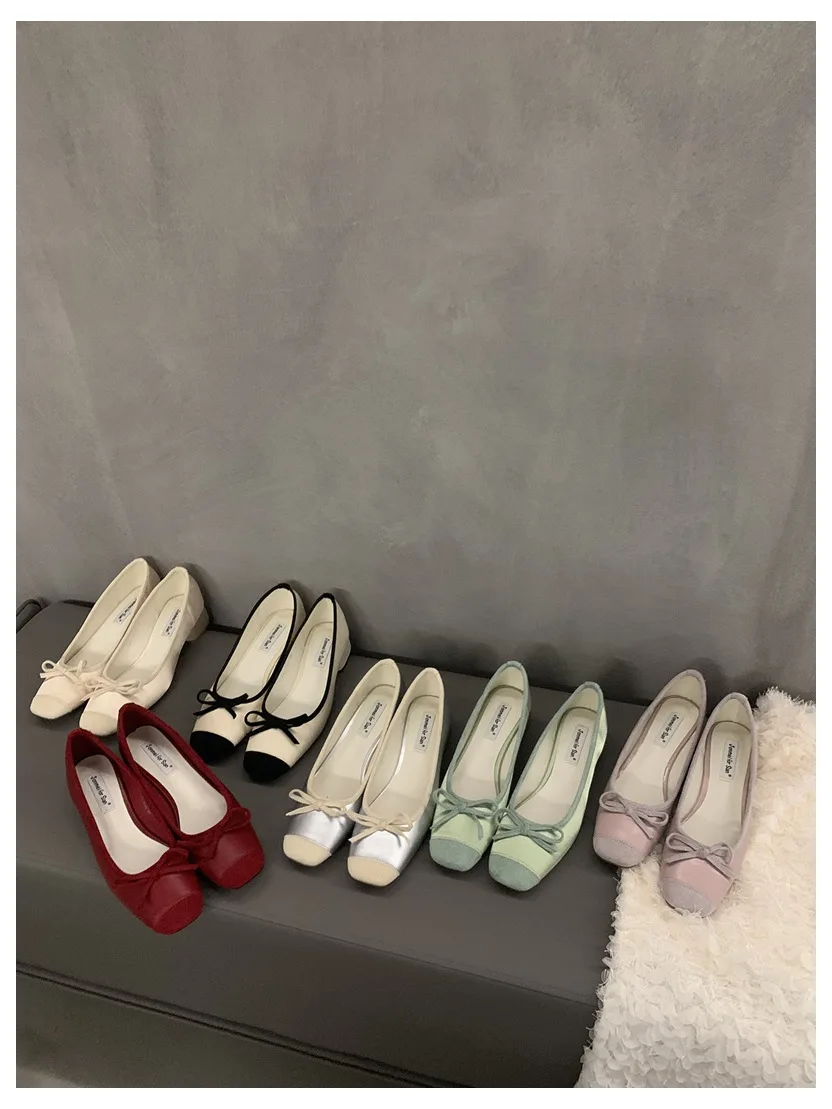 French Square Toe Bow Flats Shoes 2023 New Autumn Shallow Fairy All-match Gentle Office Dress Low Heels Pumps Female Ballerina