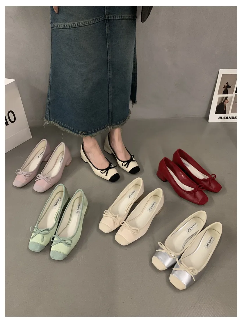 French Square Toe Bow Flats Shoes 2023 New Autumn Shallow Fairy All-match Gentle Office Dress Low Heels Pumps Female Ballerina