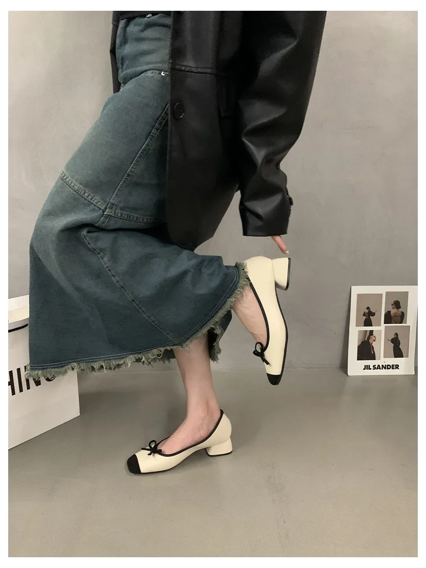 French Square Toe Bow Flats Shoes 2023 New Autumn Shallow Fairy All-match Gentle Office Dress Low Heels Pumps Female Ballerina