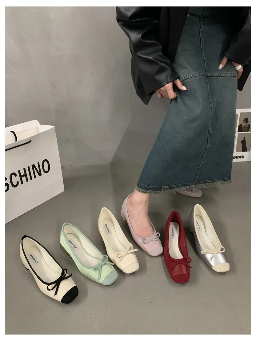 French Square Toe Bow Flats Shoes 2023 New Autumn Shallow Fairy All-match Gentle Office Dress Low Heels Pumps Female Ballerina