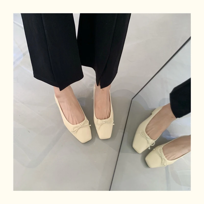 French Square Toe Bow Flats Shoes 2023 New Autumn Shallow Fairy All-match Gentle Office Dress Low Heels Pumps Female Ballerina