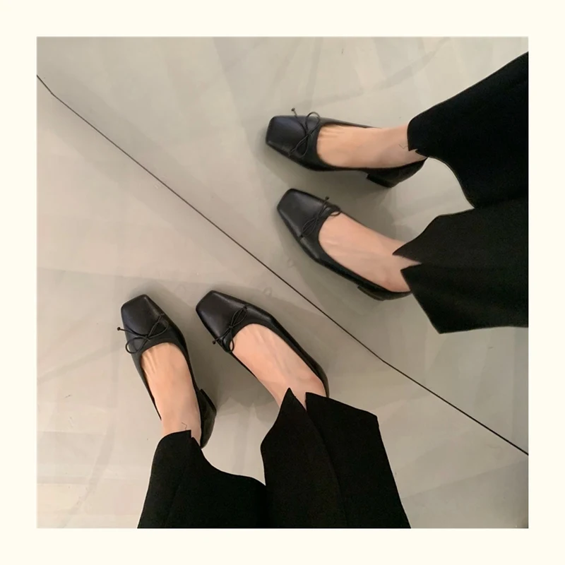 French Square Toe Bow Flats Shoes 2023 New Autumn Shallow Fairy All-match Gentle Office Dress Low Heels Pumps Female Ballerina