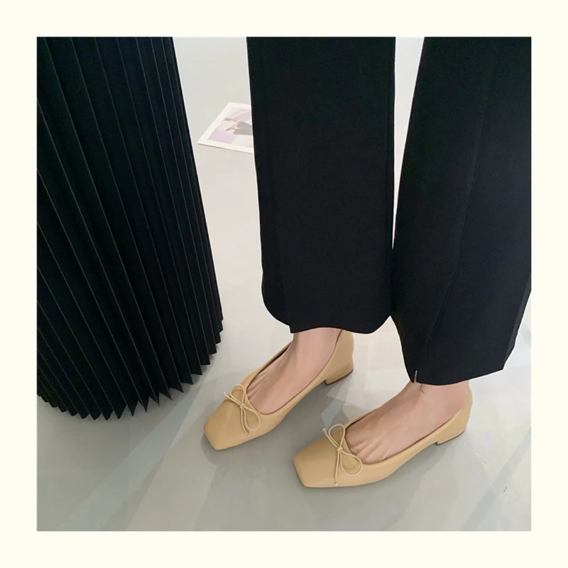 French Square Toe Bow Flats Shoes 2023 New Autumn Shallow Fairy All-match Gentle Office Dress Low Heels Pumps Female Ballerina
