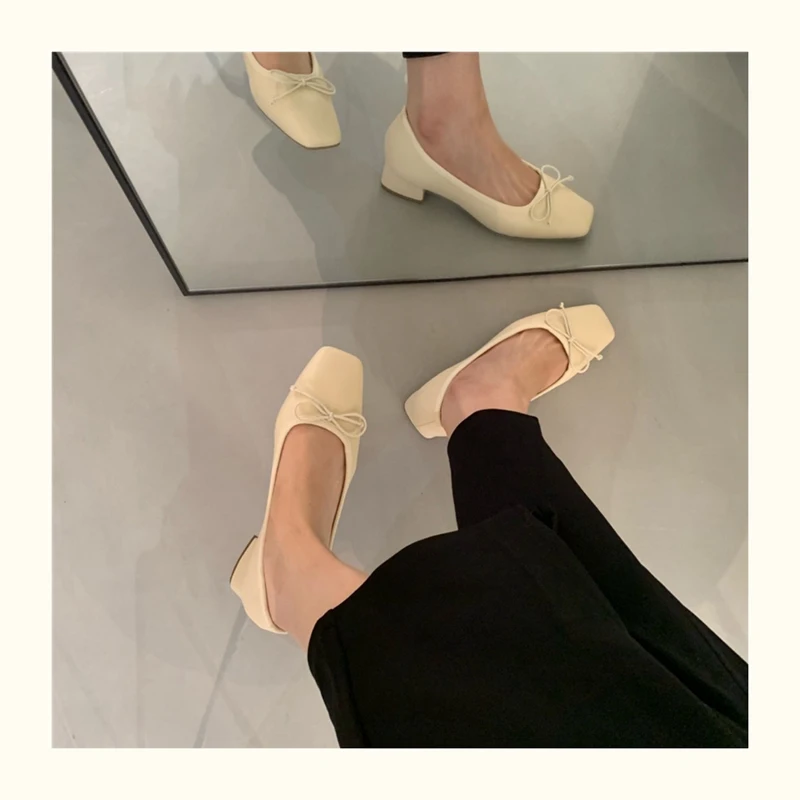 French Square Toe Bow Flats Shoes 2023 New Autumn Shallow Fairy All-match Gentle Office Dress Low Heels Pumps Female Ballerina