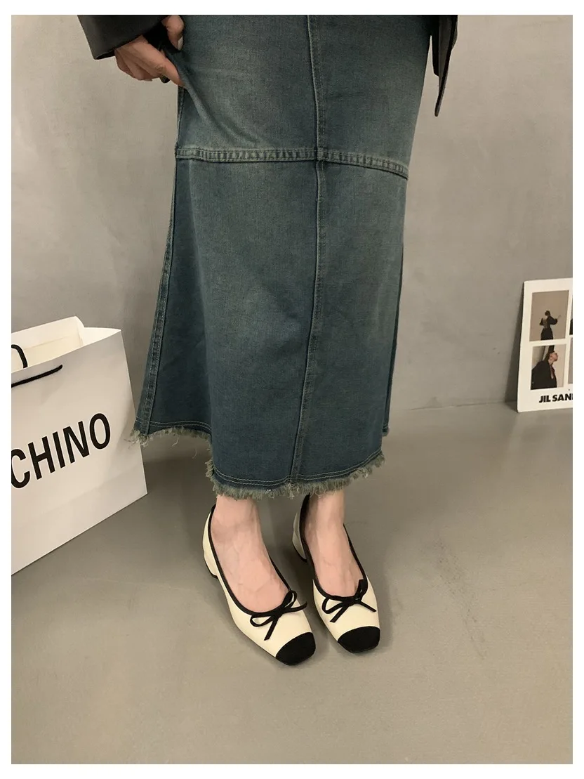 French Square Toe Bow Flats Shoes 2023 New Autumn Shallow Fairy All-match Gentle Office Dress Low Heels Pumps Female Ballerina