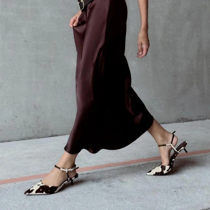 New Ins Fashion Women Horsehair Cow Pattern Kitten High Heels Party Wedding Shoes Woman Sexy Pointed Toe Slingback Pumps Sandals