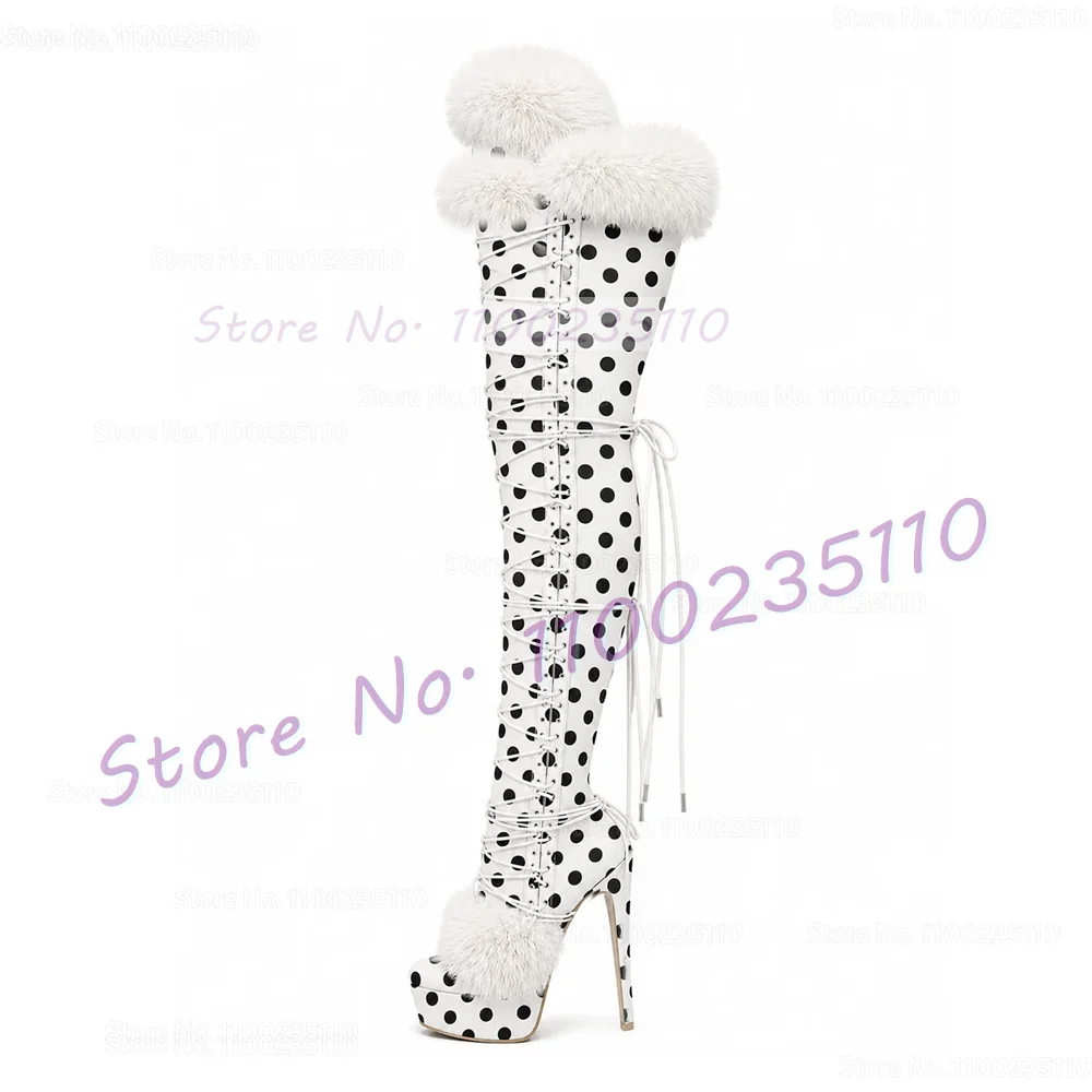 White Polka Dot Platform Thigh Boots With White Fur Women Sweet Round Toe Winter Snow Boots Thin High Heels Beige Suede Boots