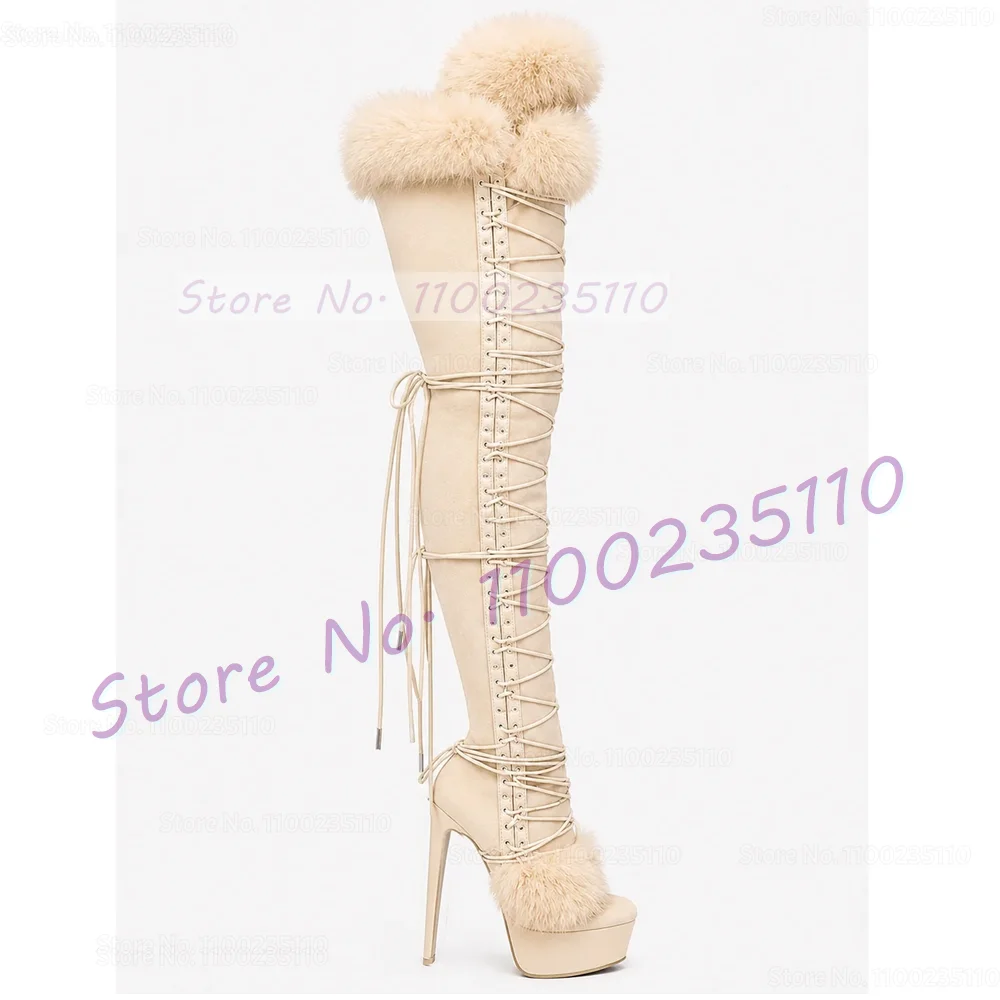 White Polka Dot Platform Thigh Boots With White Fur Women Sweet Round Toe Winter Snow Boots Thin High Heels Beige Suede Boots
