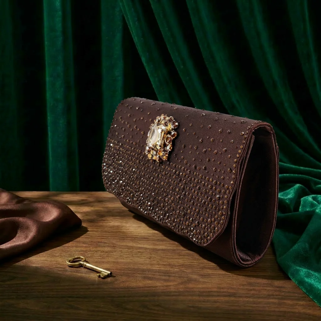 QueenYan Brown Satin Rhinestone Slingback Pointed Pumps Matching Scalloped Rhinestone Evening Clutch Bag Set Women Formal Shoes