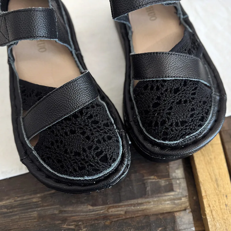 Careaymade-Genuine Leather wider toe women's shoes,handmade thick soled cake mesh surface summer casual breathable women sandals