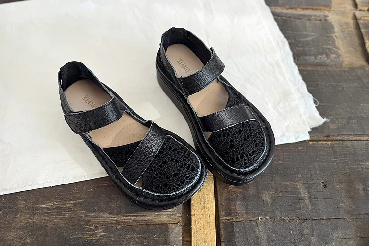 Careaymade-Genuine Leather wider toe women's shoes,handmade thick soled cake mesh surface summer casual breathable women sandals