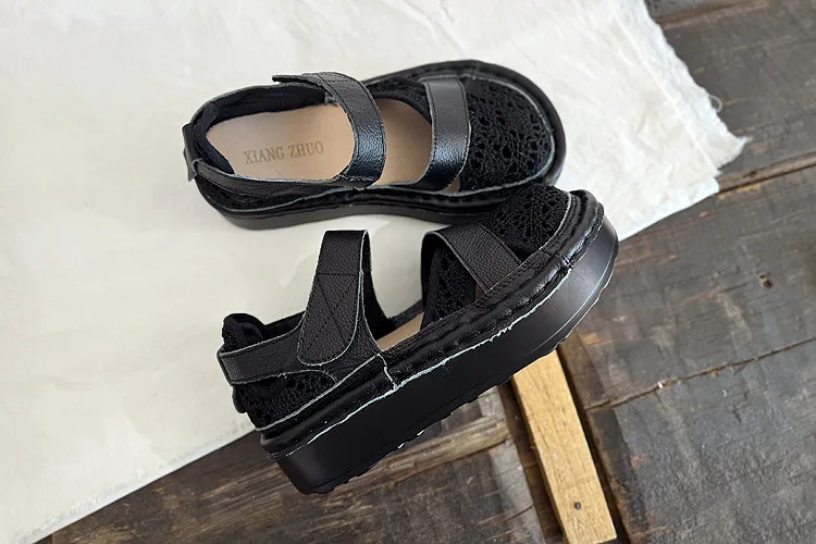 Careaymade-Genuine Leather wider toe women's shoes,handmade thick soled cake mesh surface summer casual breathable women sandals