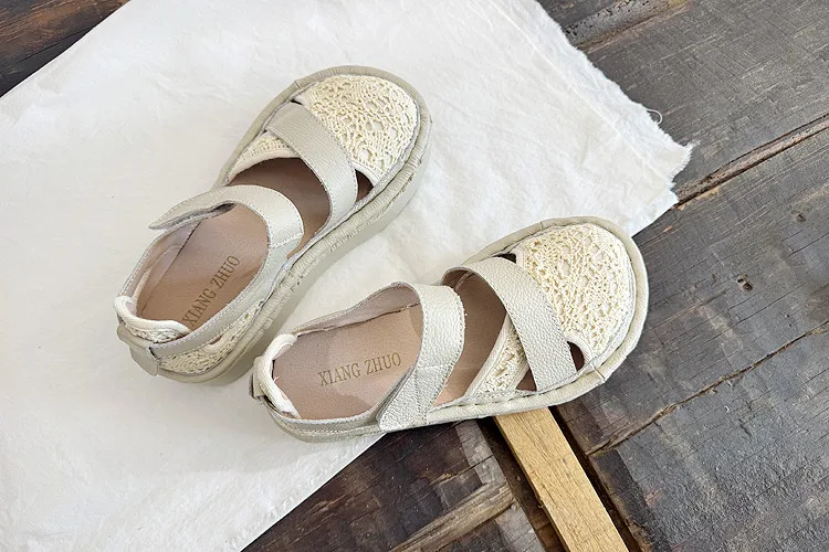 Careaymade-Genuine Leather wider toe women's shoes,handmade thick soled cake mesh surface summer casual breathable women sandals