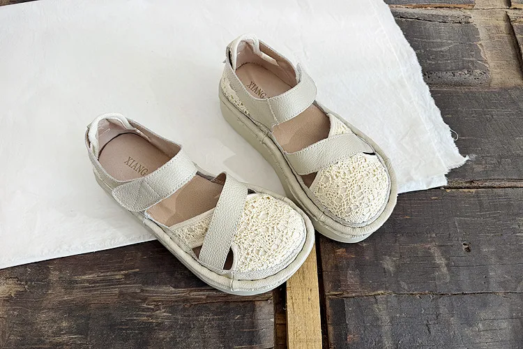 Careaymade-Genuine Leather wider toe women's shoes,handmade thick soled cake mesh surface summer casual breathable women sandals