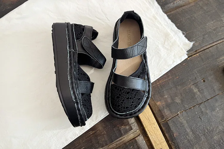 Careaymade-Genuine Leather wider toe women's shoes,handmade thick soled cake mesh surface summer casual breathable women sandals