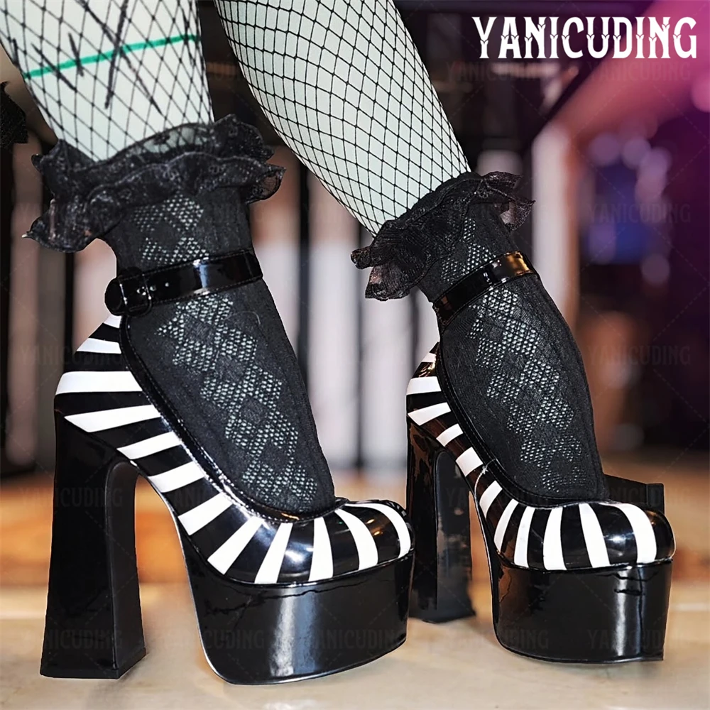 Black and White Stripes Platform Heels Stretchy Snap Buckle Pumps Ankle Strap Black Patent High Heels Women's Cute Custom Heels
