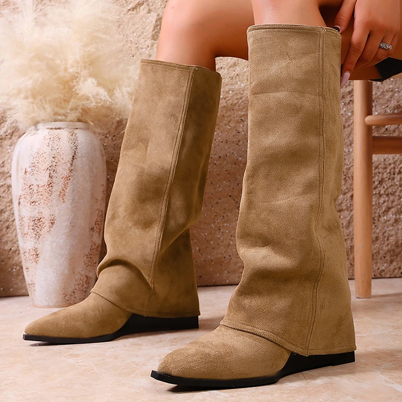 Fashion High Heel Knee High Boots Women 2026 Autumn Faux Suede Pointed Toe Western Boots Woman Plus Size 43 Khaki Long Booties