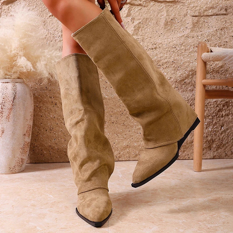 Fashion High Heel Knee High Boots Women 2026 Autumn Faux Suede Pointed Toe Western Boots Woman Plus Size 43 Khaki Long Booties