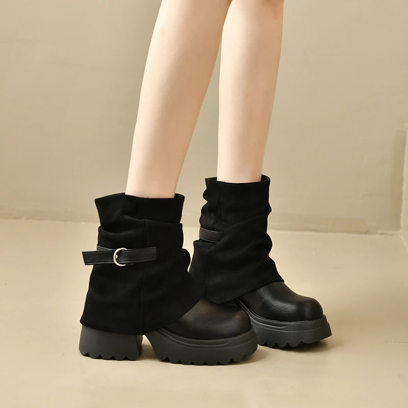 New Platform Thick Heel Women Ankle Boots Metal Buckle Decor Height Increase Shoes Autumn Winter Vintage Short Botas Mujer