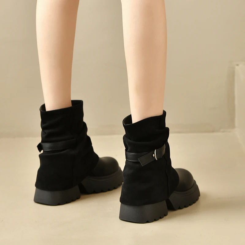 New Platform Thick Heel Women Ankle Boots Metal Buckle Decor Height Increase Shoes Autumn Winter Vintage Short Botas Mujer