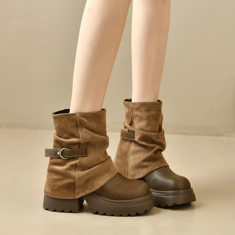 New Platform Thick Heel Women Ankle Boots Metal Buckle Decor Height Increase Shoes Autumn Winter Vintage Short Botas Mujer