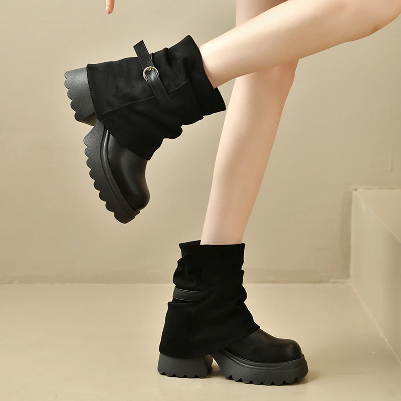 New Platform Thick Heel Women Ankle Boots Metal Buckle Decor Height Increase Shoes Autumn Winter Vintage Short Botas Mujer
