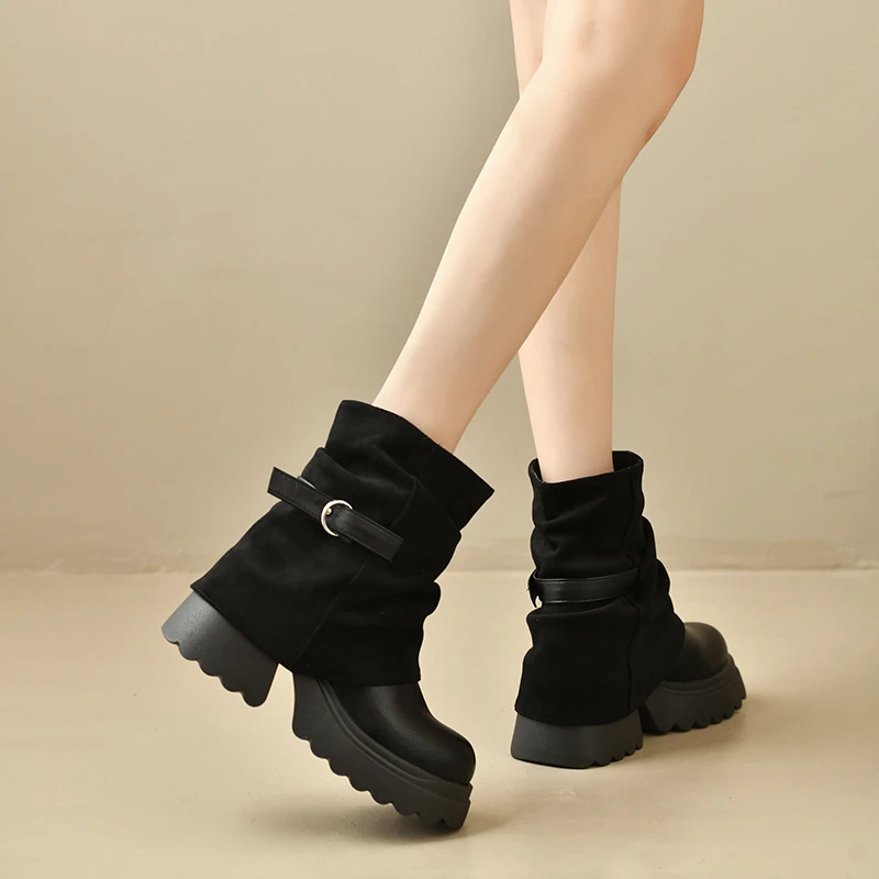 New Platform Thick Heel Women Ankle Boots Metal Buckle Decor Height Increase Shoes Autumn Winter Vintage Short Botas Mujer