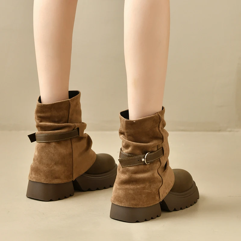 New Platform Thick Heel Women Ankle Boots Metal Buckle Decor Height Increase Shoes Autumn Winter Vintage Short Botas Mujer