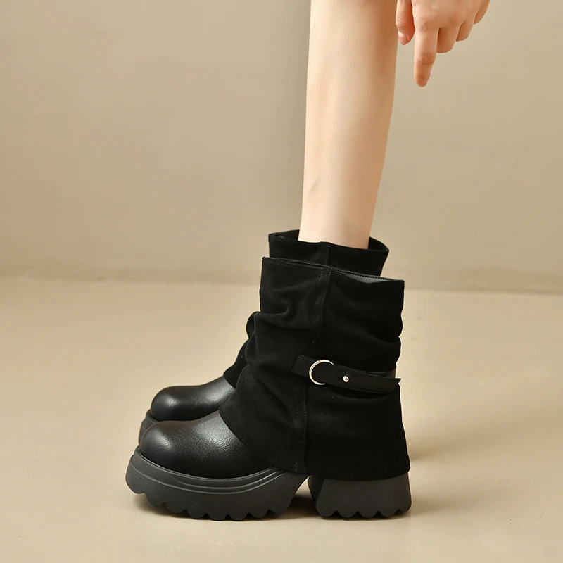 New Platform Thick Heel Women Ankle Boots Metal Buckle Decor Height Increase Shoes Autumn Winter Vintage Short Botas Mujer