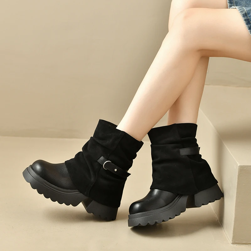New Platform Thick Heel Women Ankle Boots Metal Buckle Decor Height Increase Shoes Autumn Winter Vintage Short Botas Mujer