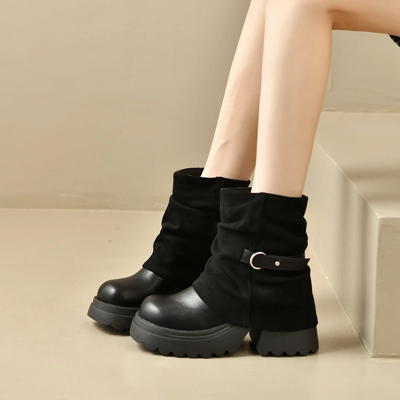 New Platform Thick Heel Women Ankle Boots Metal Buckle Decor Height Increase Shoes Autumn Winter Vintage Short Botas Mujer
