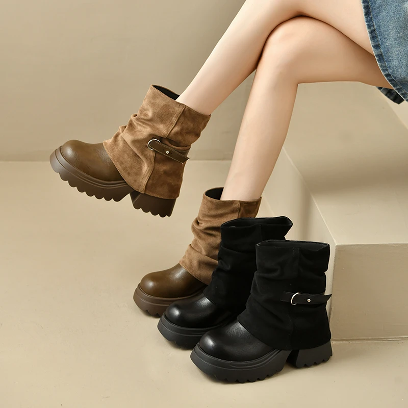 New Platform Thick Heel Women Ankle Boots Metal Buckle Decor Height Increase Shoes Autumn Winter Vintage Short Botas Mujer