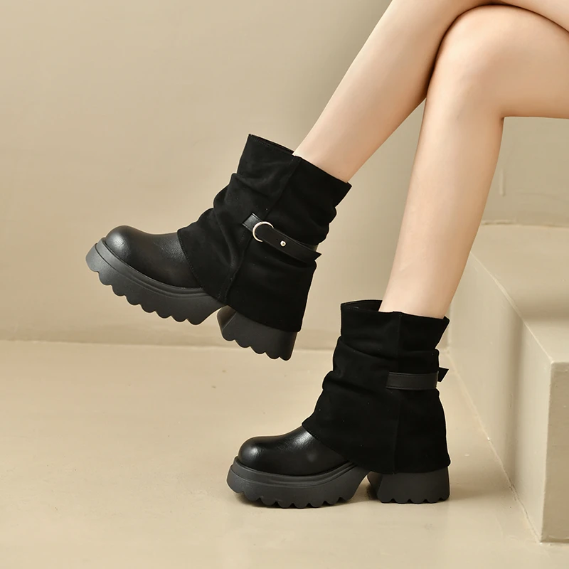 New Platform Thick Heel Women Ankle Boots Metal Buckle Decor Height Increase Shoes Autumn Winter Vintage Short Botas Mujer