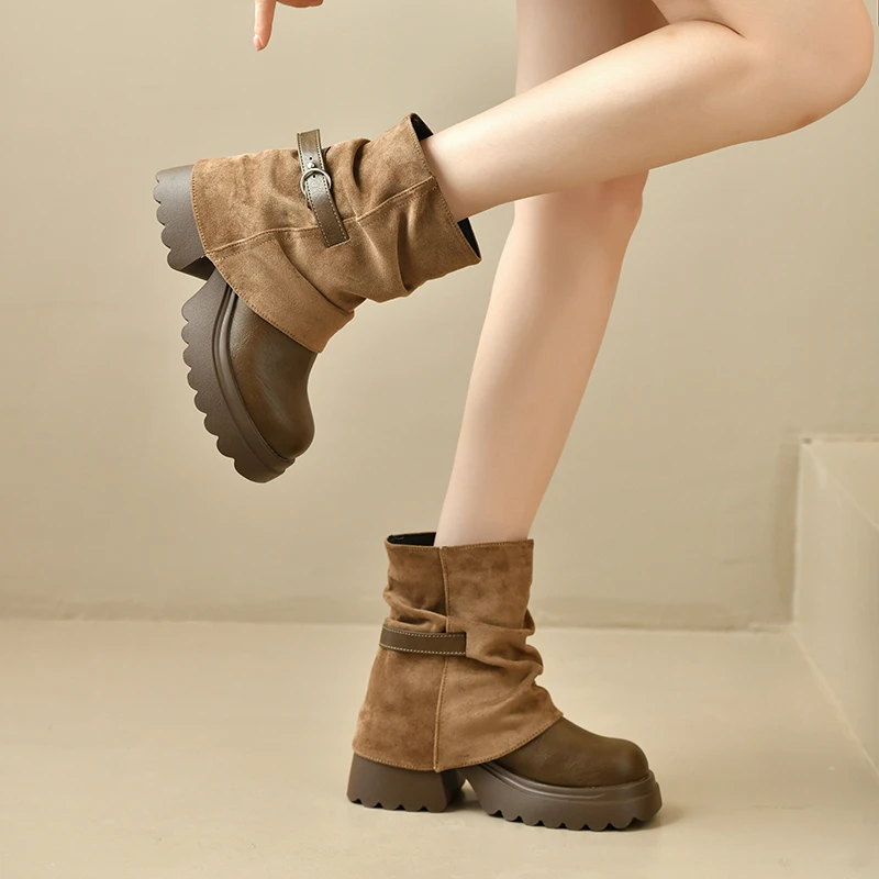 New Platform Thick Heel Women Ankle Boots Metal Buckle Decor Height Increase Shoes Autumn Winter Vintage Short Botas Mujer