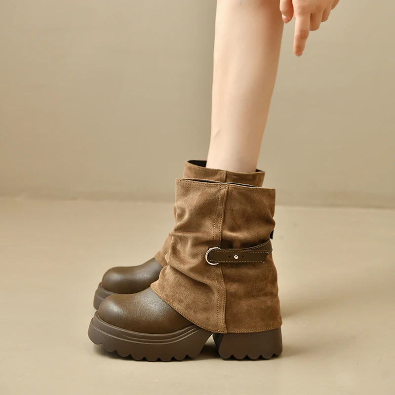 New Platform Thick Heel Women Ankle Boots Metal Buckle Decor Height Increase Shoes Autumn Winter Vintage Short Botas Mujer