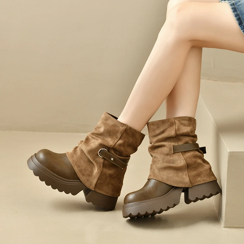 New Platform Thick Heel Women Ankle Boots Metal Buckle Decor Height Increase Shoes Autumn Winter Vintage Short Botas Mujer